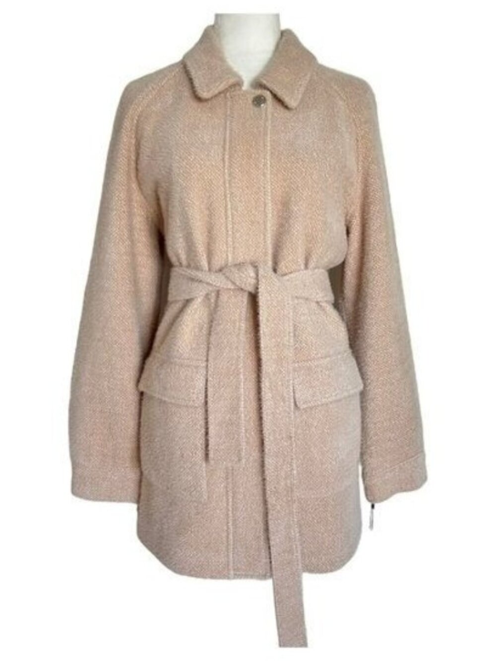 NWT $300 Calvin Klein Beige Belted Knitted Birdseye Jacket Size M